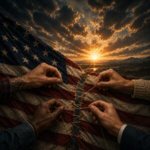 Hands stitching together a torn American flag