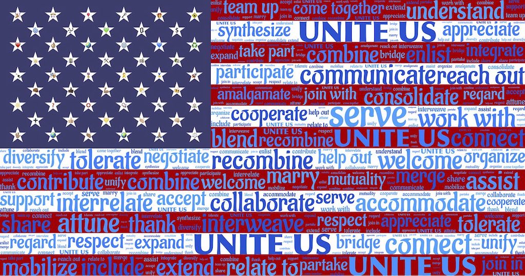 us flag with positive words on the stripes Unite US